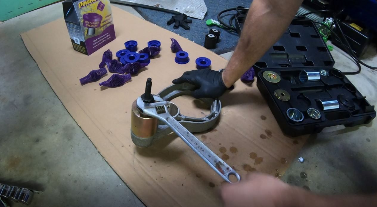 Replace front brace bushings
